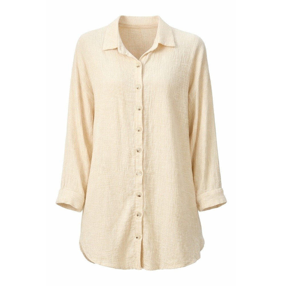 Women's Sabo Skirt Medium Cream Cotton Gauze Button Down Shirt Dress Coastal